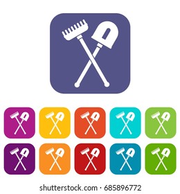 Shovel and rake icons set vector illustration in flat style in colors red, blue, green, and other