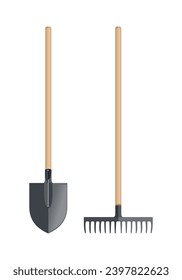 Shovel and rake isolated on white background, agricultural tool. Vector illustration Vector illustration