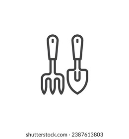 Shovel and Rake line icon. linear style sign for mobile concept and web design. Agricultural Tools outline vector icon. Symbol, logo illustration. Vector graphics