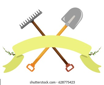 Shovel, rake on a white background. Vector