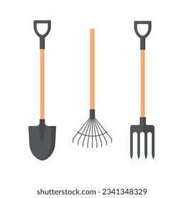 Shovel and Rake and Pitchfork Symbol oder Schild einzeln auf weißem Hintergrund. Entwurf von Gartenwerkzeugen. Vektorgrafik.