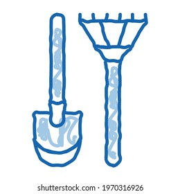 shovel and rake sketch icon vector. Hand drawn blue doodle line art shovel and rake sign. isolated symbol illustration