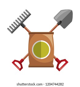 shovel and rake tools sack soil gardening