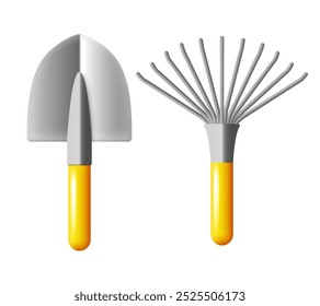 Shovel and rake. Vector 3D clipart isolated on white background.