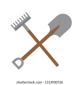 Shovel and rake vector illustration. Simple flat design of shovel and rake crossed.