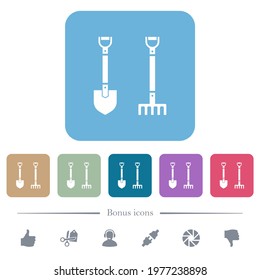 Shovel and rake white flat icons on color rounded square backgrounds. 6 bonus icons included