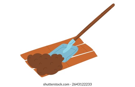 shovel rakes the soil, manure, compost from the wooden floor. household. Gardening tools. Flat color illustration. It is suitable for the design and educational materials on gardening and hobbies
