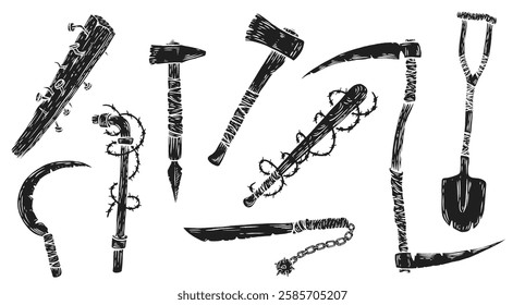 Shovel, scythe, baseball bat, machete, hammer, water pipe, sickle, axe, board with nails in hand draw sketch style. Creative art element for tattoo, print, game. Grunge concept design. Vector art.