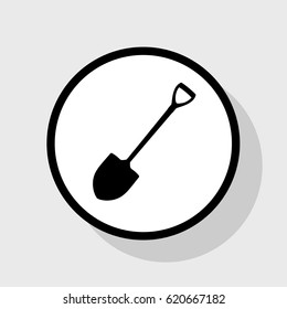 Shovel sign illustration. Vector. Flat black icon in white circle with shadow at gray background.