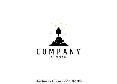 Shovel Silhouette On Stone Decorated With Stars In Flat Logo Design