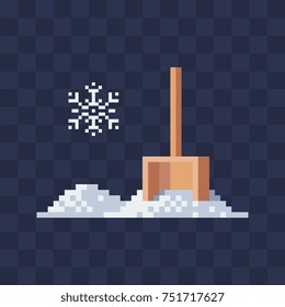 Shovel in a snowdrift and a snowflake. Winter theme. Isolated Vector Illustration