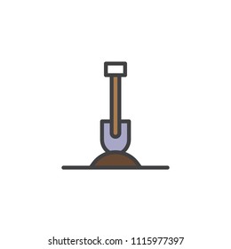 Shovel in soil filled outline icon, line vector sign, linear colorful pictogram isolated on white. Gardening shovel symbol, logo illustration. Pixel perfect vector graphics