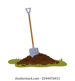 Shovel and soil. Gardening work. A pit for plants, seedlings, and sowing operations. Vector illustration isolated on a white background.