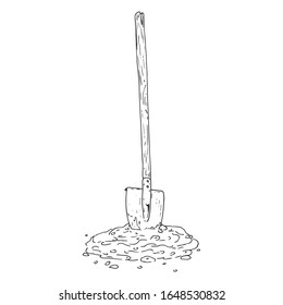 Viñeta con icono del suelo. Imagen vectorial de una pala para el jardín. Mano dibujó palas al suelo para plantar.