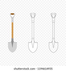 Shovel, spade, icon on isolated transparent background. Garden equipment. Spring, summer work. Farm tools for digging holes. Vector flat design.