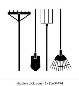 Shovel or spade, rake and pitchfork icons isolated on white background. Black silhouettes of garden items. Design sites icons for offerings. Vector and stock illustration.