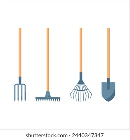 Shovel or spade, rake and pitchfork icons isolated on white background. Gardening, planting tool kit. Household working instrument. vector illustration in flat design