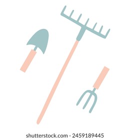 Shovel or spade, rake and pitchfork icons isolated on white background. Flat Gardening tools design Set. Colorful vector Cartoon illustration, Backyard Equipment. For Card, Ads, Web Design