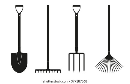 Shovel or spade, rake and pitchfork icons isolated on white background. Gardening tools design. Vector illustration.