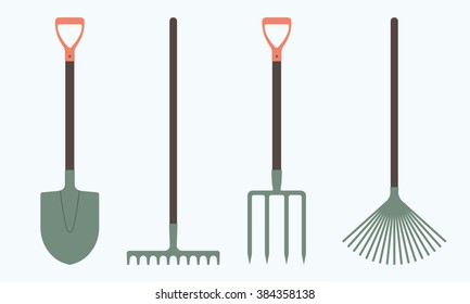 Shovel or spade, rake and pitchfork icons isolated on white background. Gardening tools design. Colorful vector illustration.