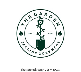 Shovel spade scoop with flower tree leaf root plant for garden plantation culitivation farm logo design Vector template