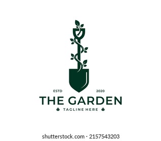 Shovel Spade Scoop With Flower Tree Leaf Root Plant For Garden Plantation Culitivation Farm Logo Design Vector Template