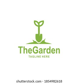 shovel spade Scoop with Leaf Plant for Garden  Logo design