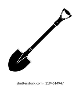 Shovel, spade, silhouette icon on isolated white background. Garden equipment. Spring, summer work. Farm tools for digging holes. Vector flat design.