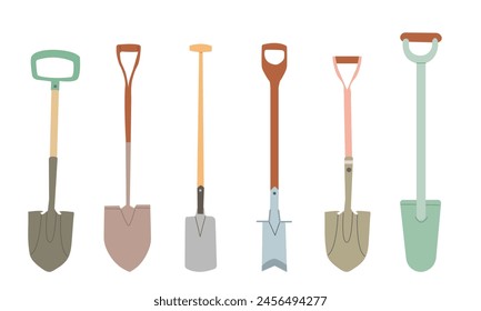 Shovel, spade vector illustration set. Flat style garden hand spade isolated on white background. Garden tool, equipment for farm, summer ustensil.