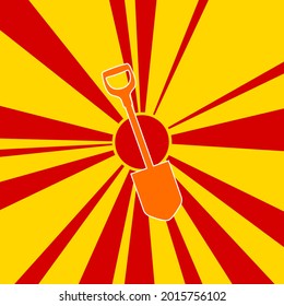 Shovel symbol on a background of red flash explosion radial lines. The large orange symbol is located in the center of the sun, symbolizing the sunrise. Vector illustration on yellow background