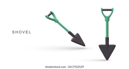 Shovel Tool For Digging, Construction, Gardening, Landscaping, Farming And Outdoor Work In Clean 3D Minimal Design With Green Handle On White Background, Vector Illustration.