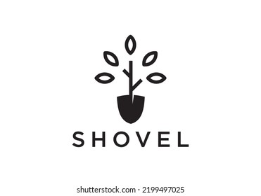 shovel tree garden leaf logo vector icon illustration