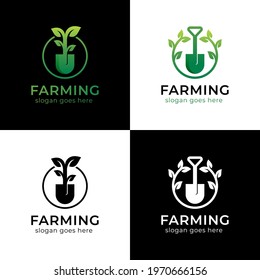shovel tree leaf logo for farming, Gardener, botany, seed, greening logo collection