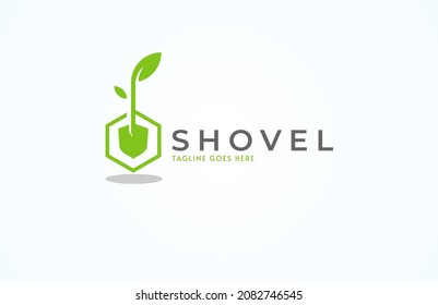 Shovel tree logo, shovel with green leaves combination, usable for gardening and business logo design, flat design logo template, vector illustration