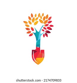 Shovel tree vector logo design. Green garden environment logo design template.