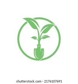 Shovel tree vector logo design. Green garden environment logo design template.