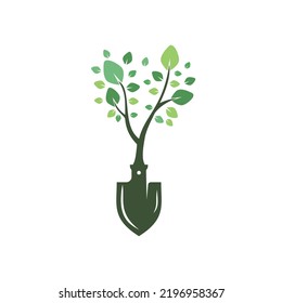 Shovel tree vector logo design. Green garden environment logo design template.