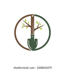Shovel tree vector logo design. Green garden environment logo design template.