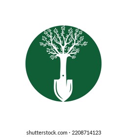 Shovel tree vector logo design. Green garden environment logo design template.	