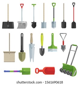 Shovel vector gardening shoveling equipment spade object of agriculture work in garden illustration set of shoveled spaded handle and shovelful farm symbol isolated on white background