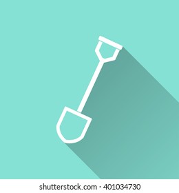 Shovel   vector icon with long shadow. White illustration isolated on green background for graphic and web design.  