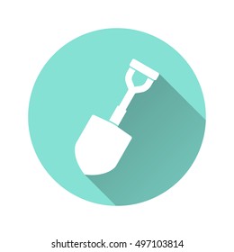 Shovel vector icon with long shadow. White illustration isolated for graphic and web design.