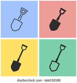 Shovel vector icon with long shadow. Black illustration isolated on color background for graphic and web design.