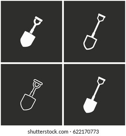 Shovel vector icons set. White illustration on a black background for graphic and web design.