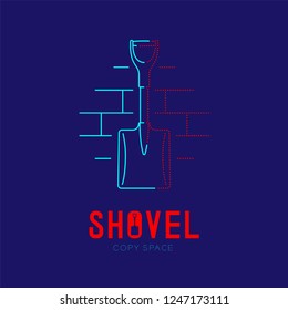 Shovel with wall pattern logo icon outline stroke set dash line design illustration isolated on dark blue background with Shovel text and copy space