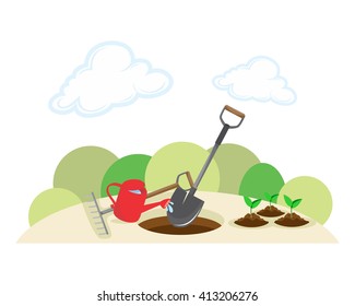 shovel watering can gardening equipment image vector