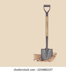 Shovel with a wooden handle. Bayonet shovel. Spade stuck into the ground. Vector illustration.