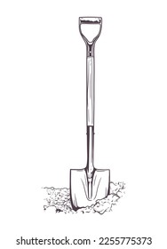 Shovel with a wooden handle. Bayonet shovel. Spade stuck into the ground. Vector line art illustration.