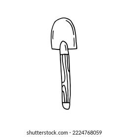  Shovel with wooden handle. Earthwork tool. Bayonet shovel. Doodle. Hand drawn. Vector illustration. Outline.