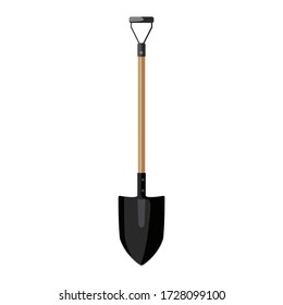 Shovel with wooden handle in flat style isolated on white background. Garden equipment tool. Vector illustration